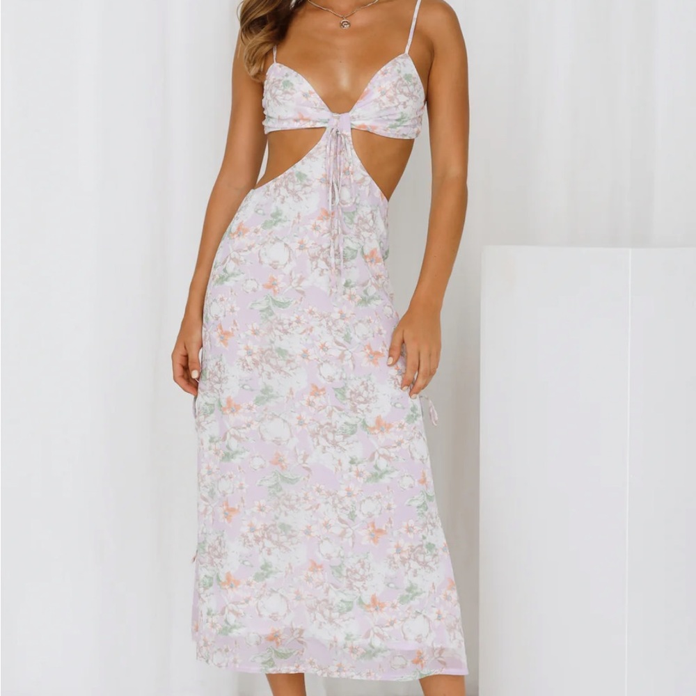Light Purple Floral Front Tie Midi Dress